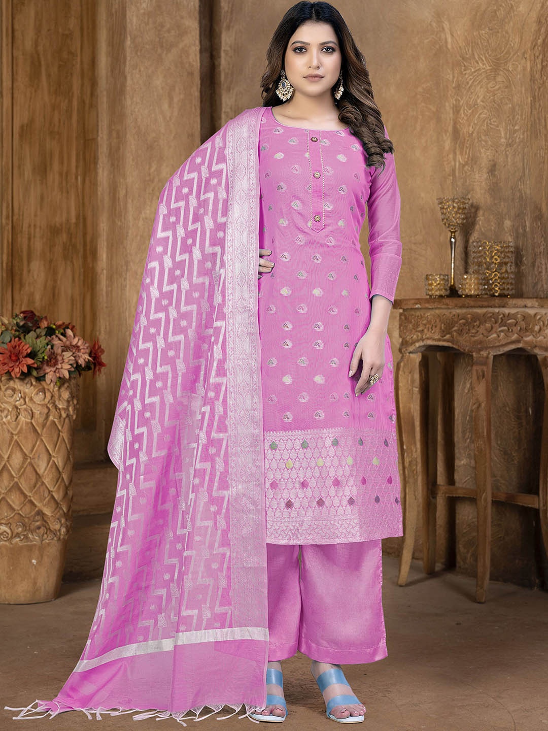 

SHADOW & SAINING Geometric Woven Design Zari Semi-Stitched Dress Material, Pink