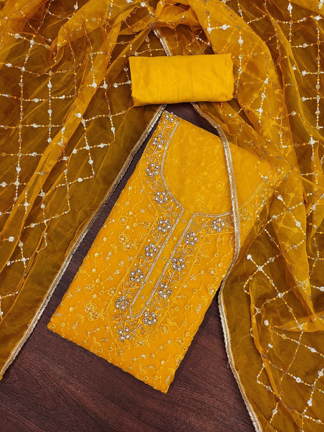 

SHADOW & SAINING Floral Embroidered Sequinned Unstitched Dress Material, Yellow