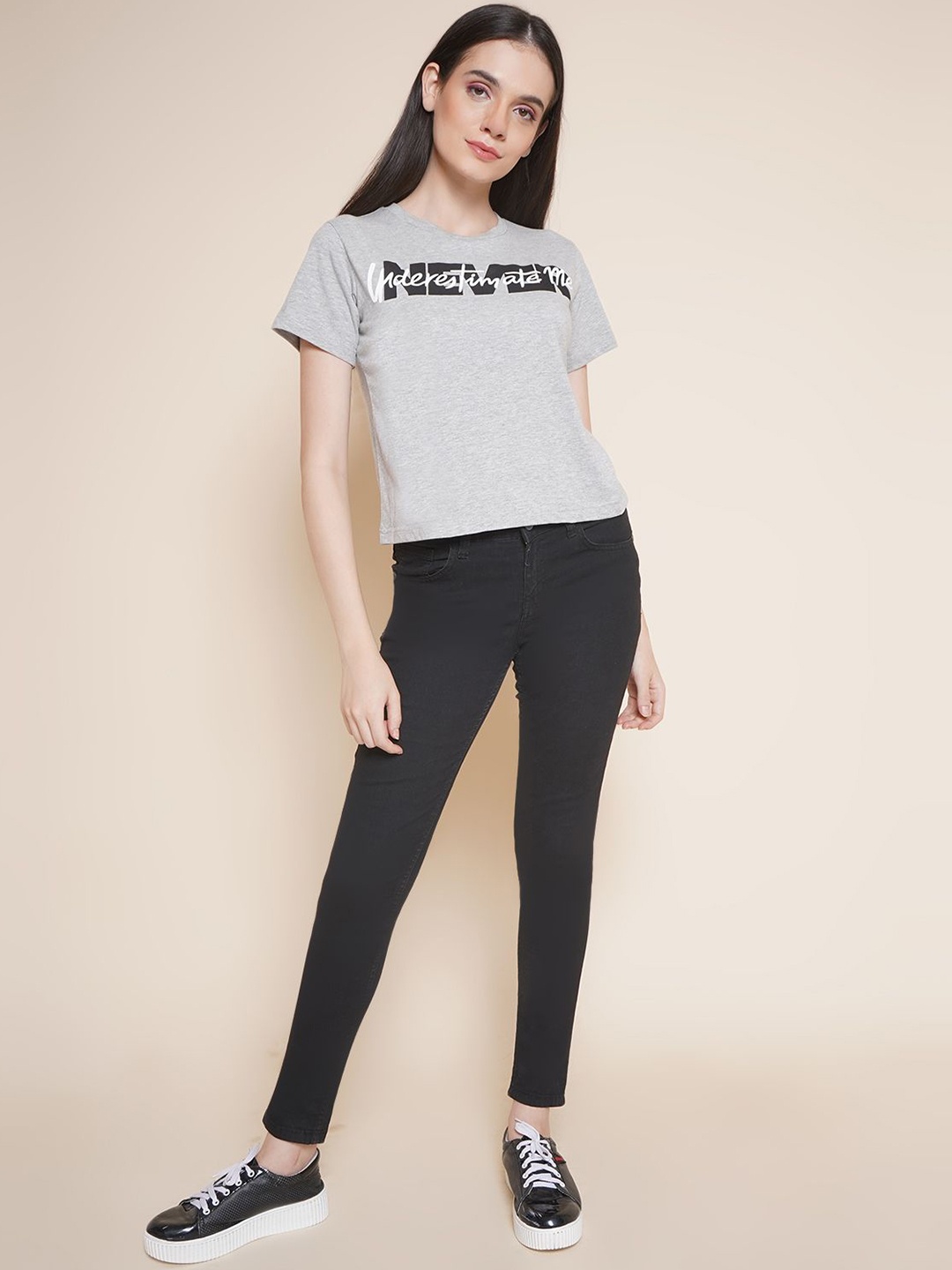 

Jakanary Women Typography Printed Round Neck Regular Top, Grey