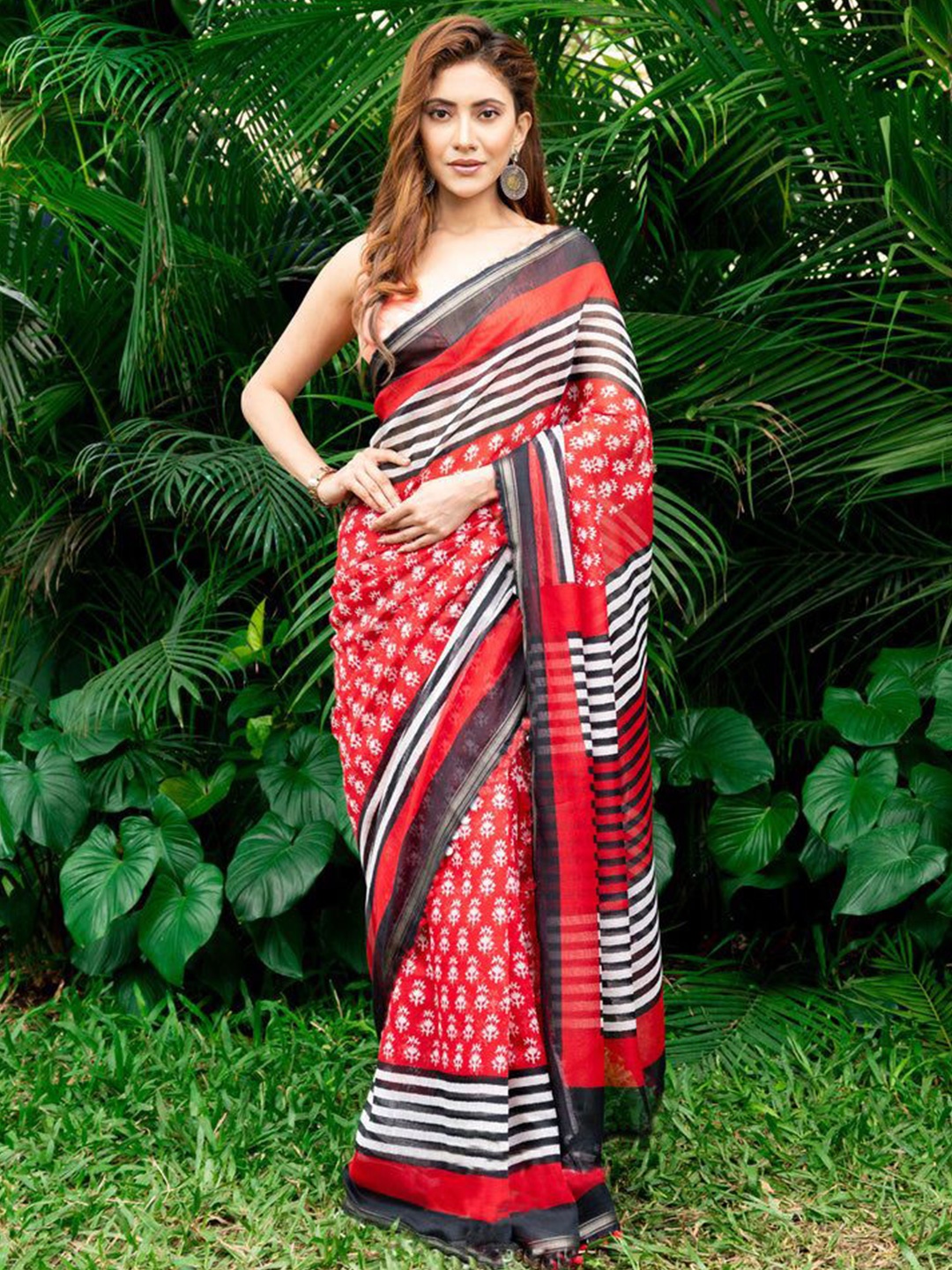 

ORUS Striped Pure Cotton Saree, Red