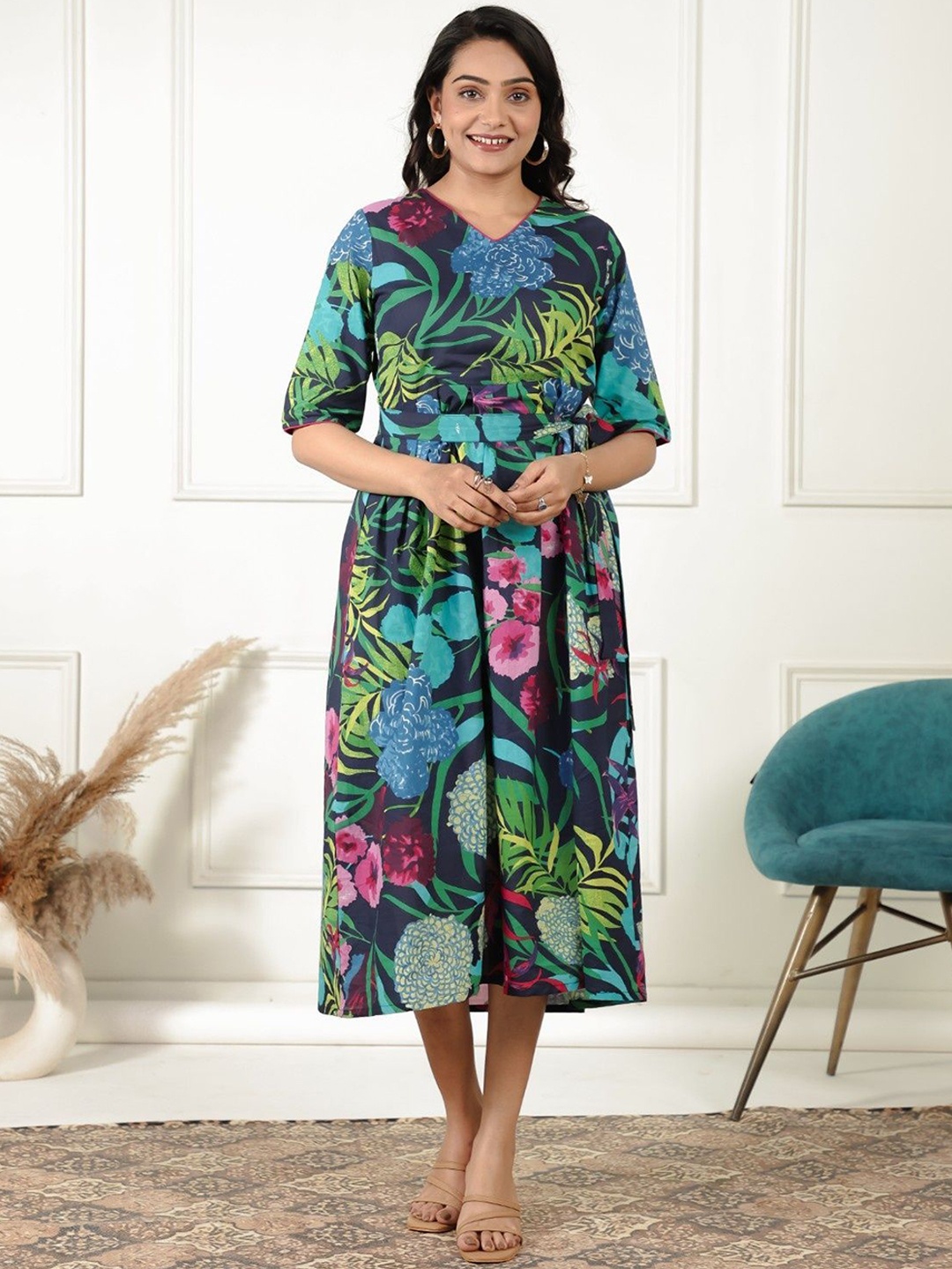 

Aramya Floral Printed V-Neck Pure Cotton Dresses, Blue