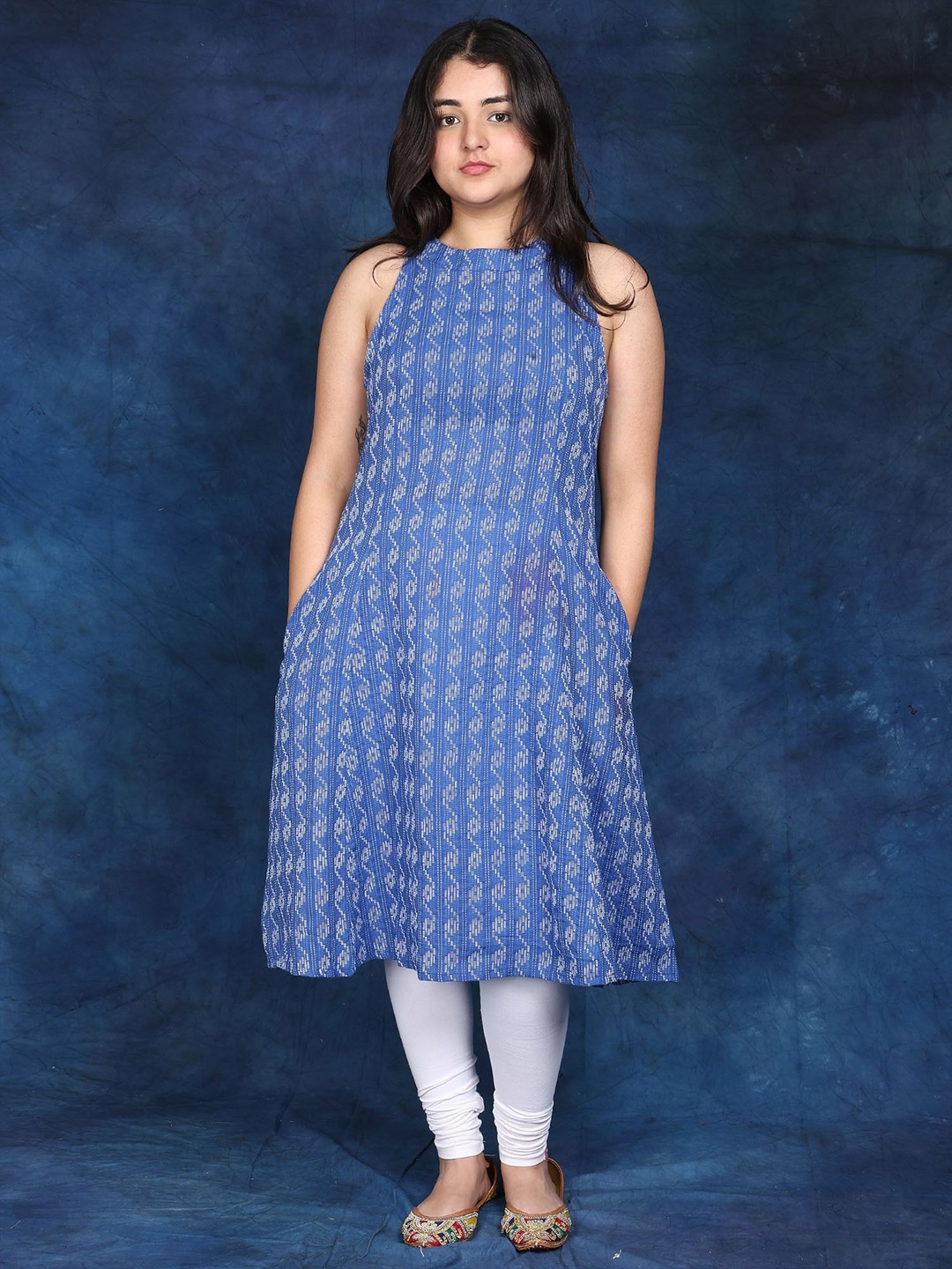 

Exotic India Women Woven Design Cotton A-Line Kurta, Blue