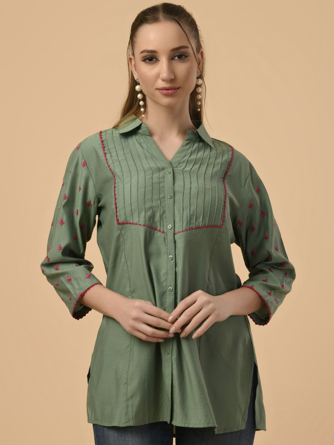 

Albion By CnM Ethnic Motifs Emboridered Shirt Style Lpael Coller Top, Green