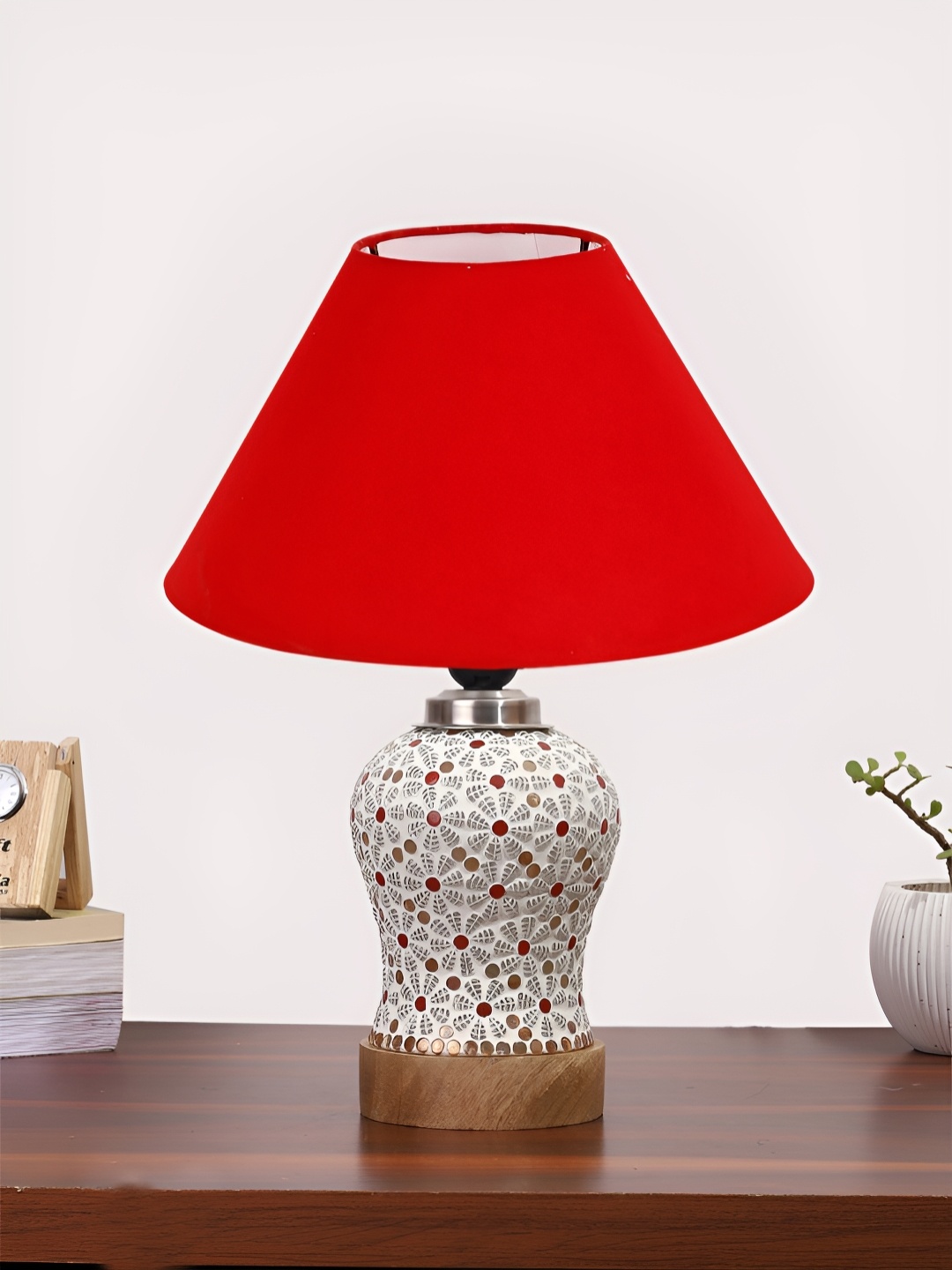 

Devansh Red & White Printed Wooden Frustum Shaped Table Lamp With Mosaic Glass Base