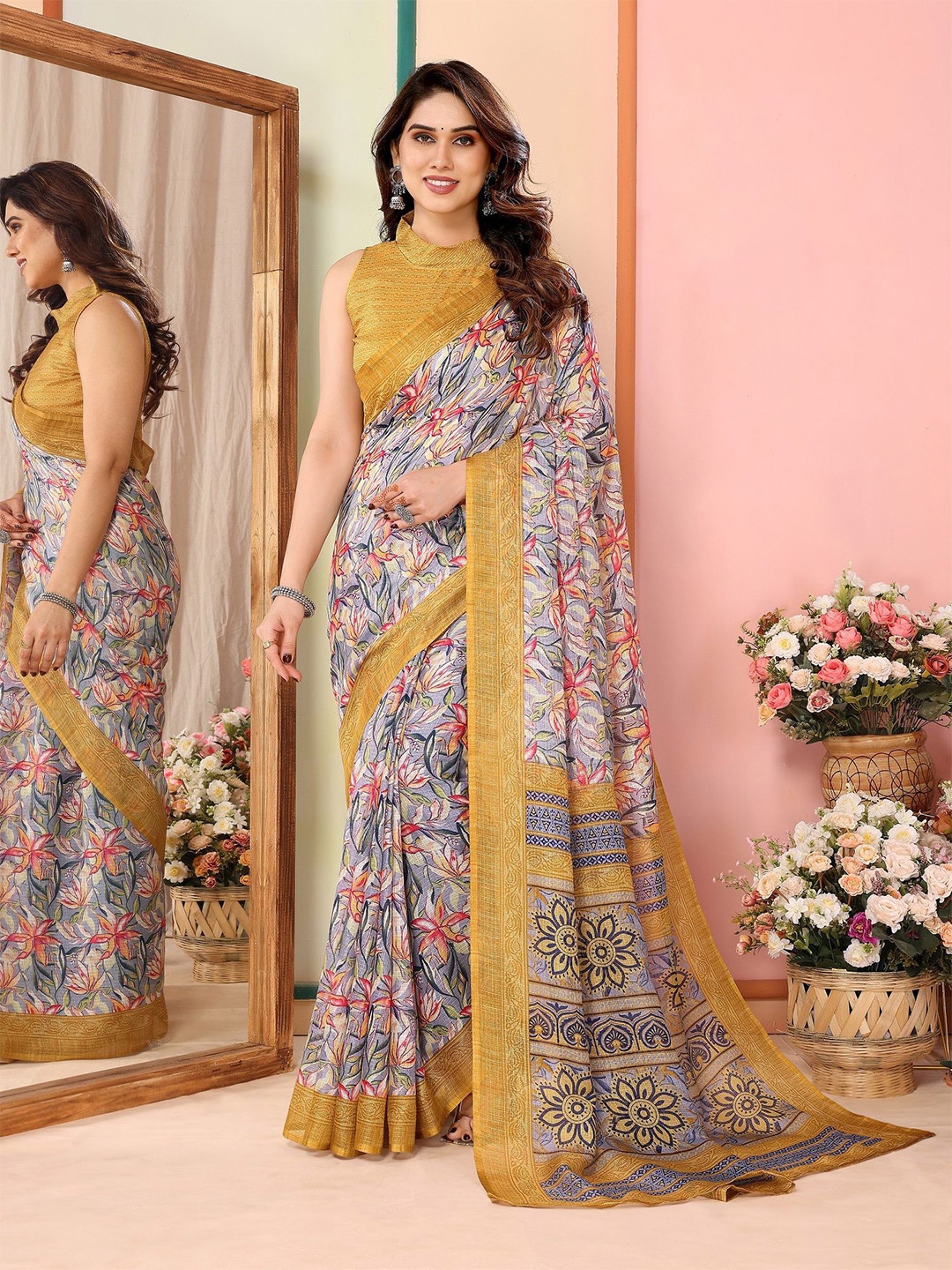 

ROOP SUNDARI SAREES Floral Printed Kota Saree, Mustard
