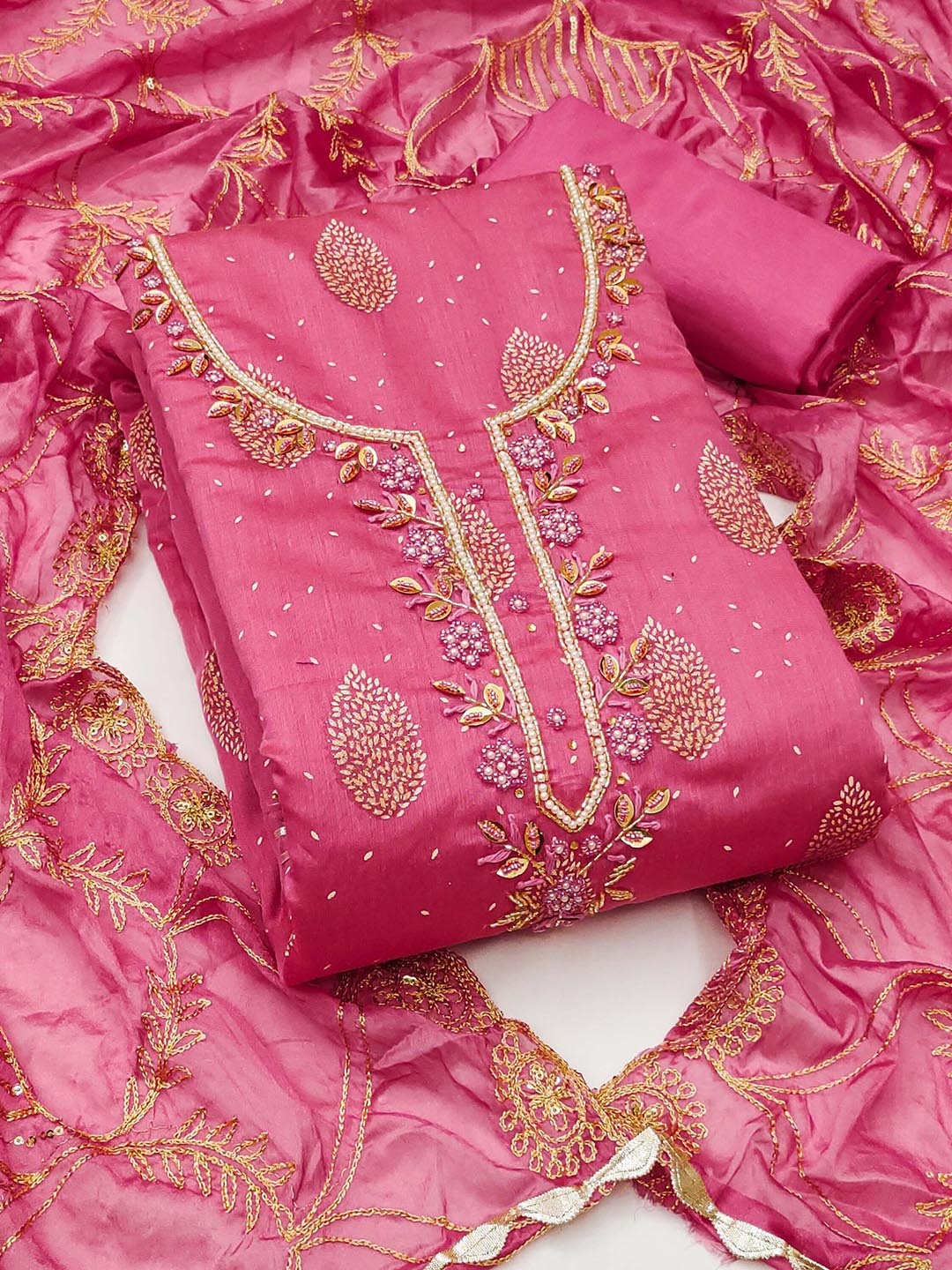 

SHADOW & SAINING Printed Beads & Stones Semi-Stitched Dress Material, Pink