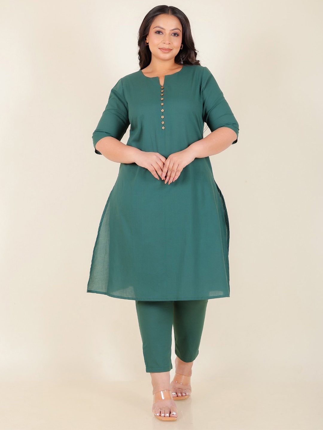 

Aramya Notch Neck Pure Cotton Straight Kurta With Trousers, Green