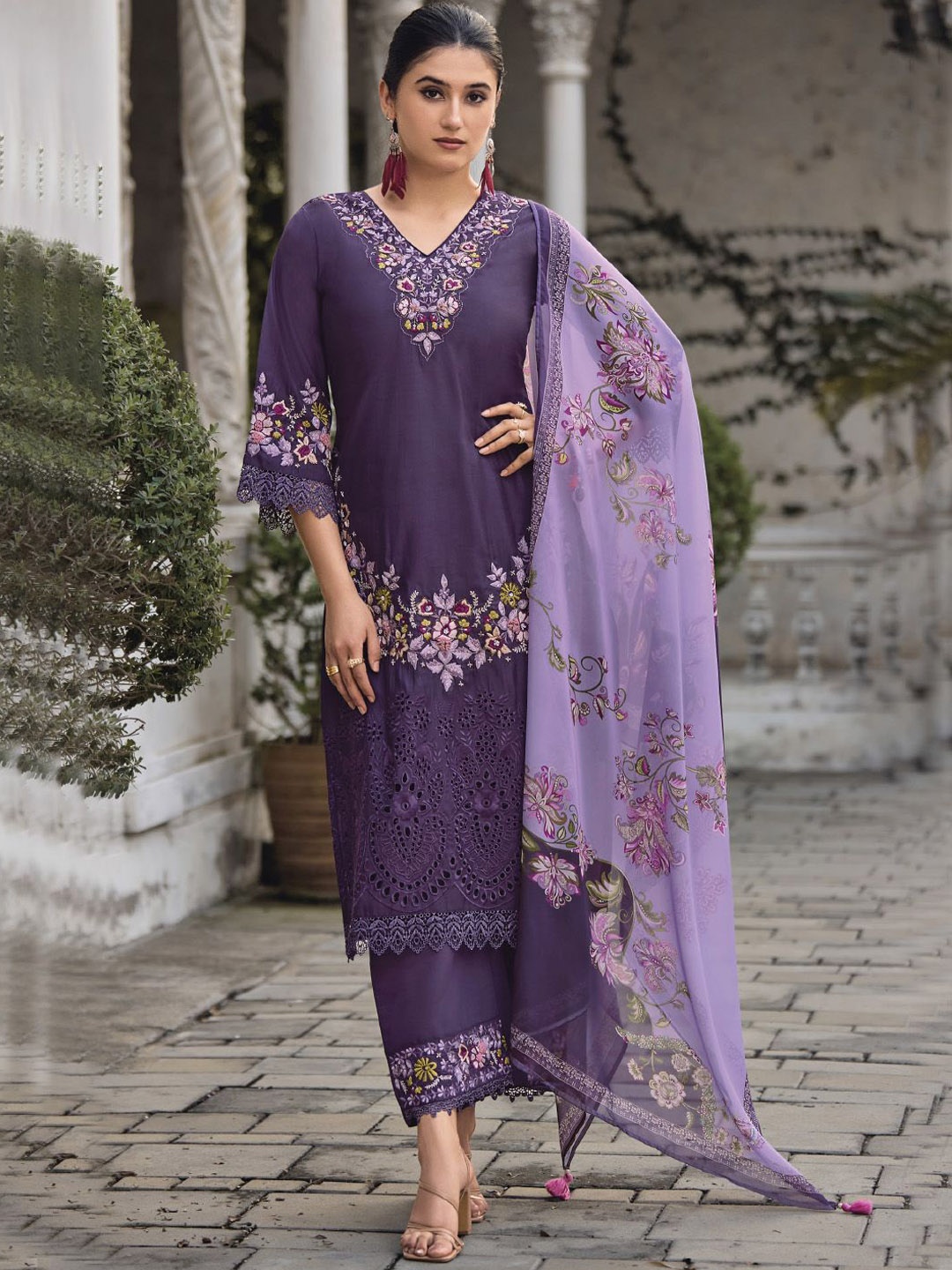 

Varanga Floral Embroidered V Neck Thread Work Pure Cotton Kurta With Trouser And Dupatta, Purple