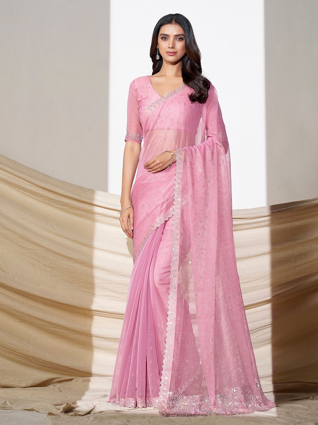 

TANNAH Beads and Stones Organza Saree, Pink