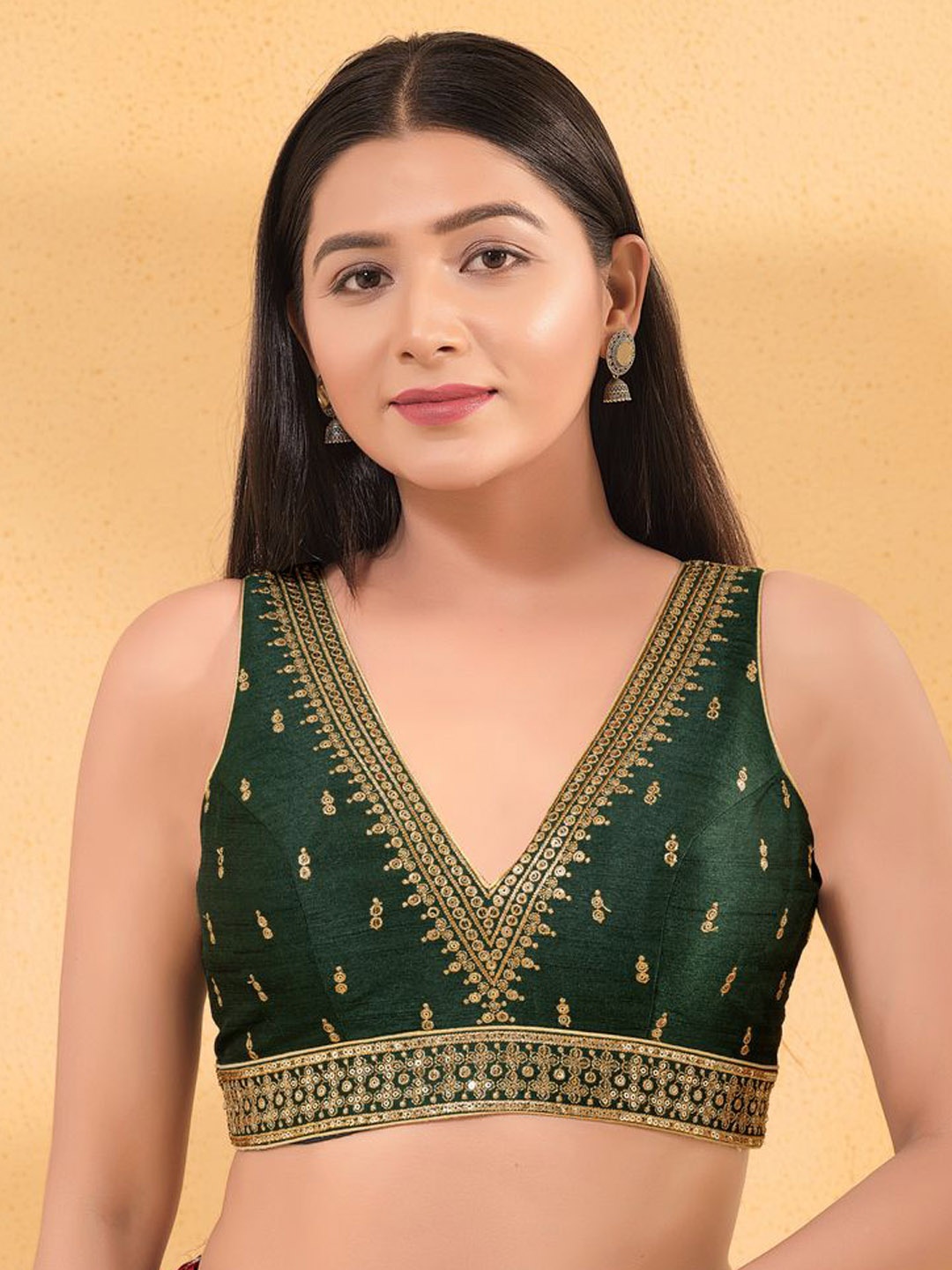 

VAMAS - THE DESIGNER BLOUSES Women V-Neck Padded Saree Blouse, Green