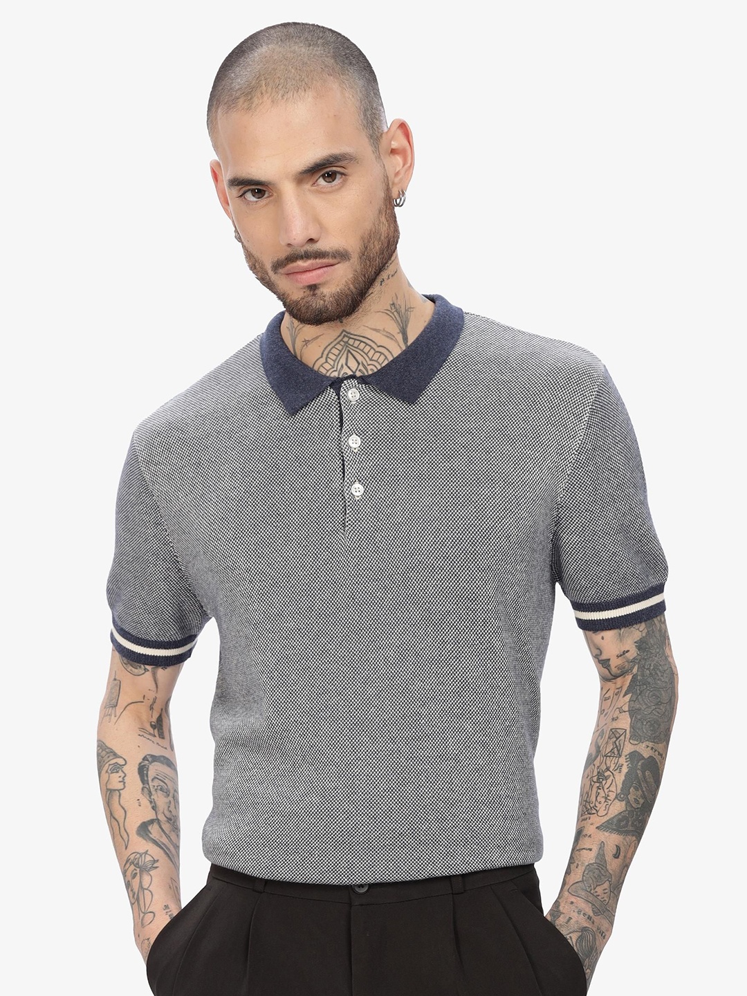 

HAMPTONS Geometric Printed Polo Collar Short Sleeves Cotton T-shirt, Navy blue