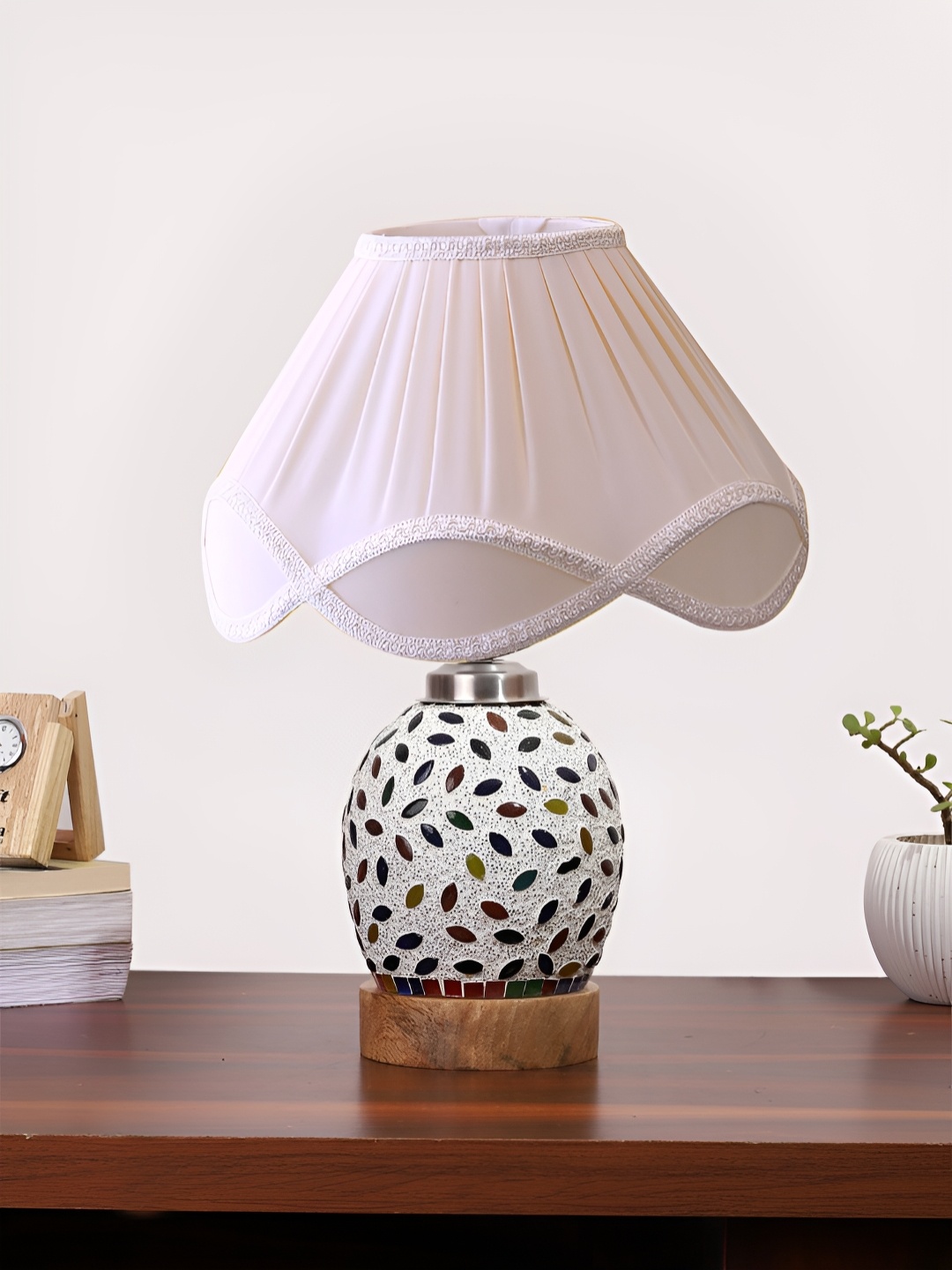 

Devansh Off White Textured Wooden Frustum Shaped Table Lamp With Mosaic Glass Base