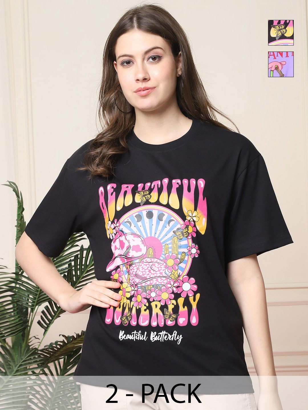 

Tromko Women Pack of 2 Pink Panther Graphic Printed Round Neck Cotton Oversized T-shirts, Black
