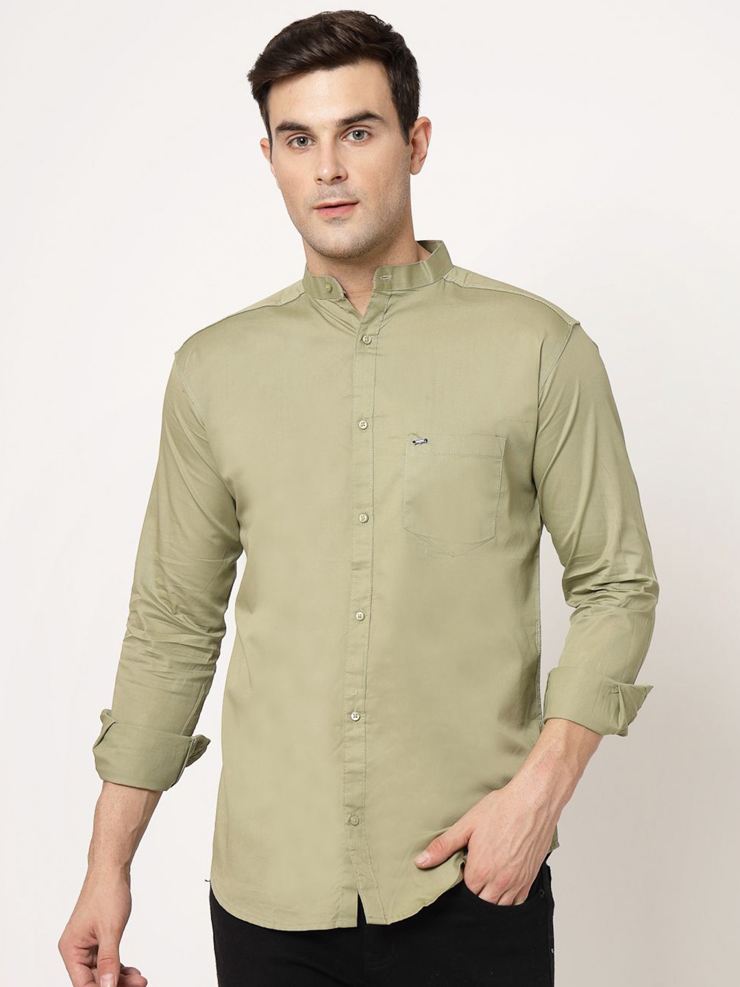 

Metronaut Men Mandarin Collar Solid Cotton Casual Shirt, Olive