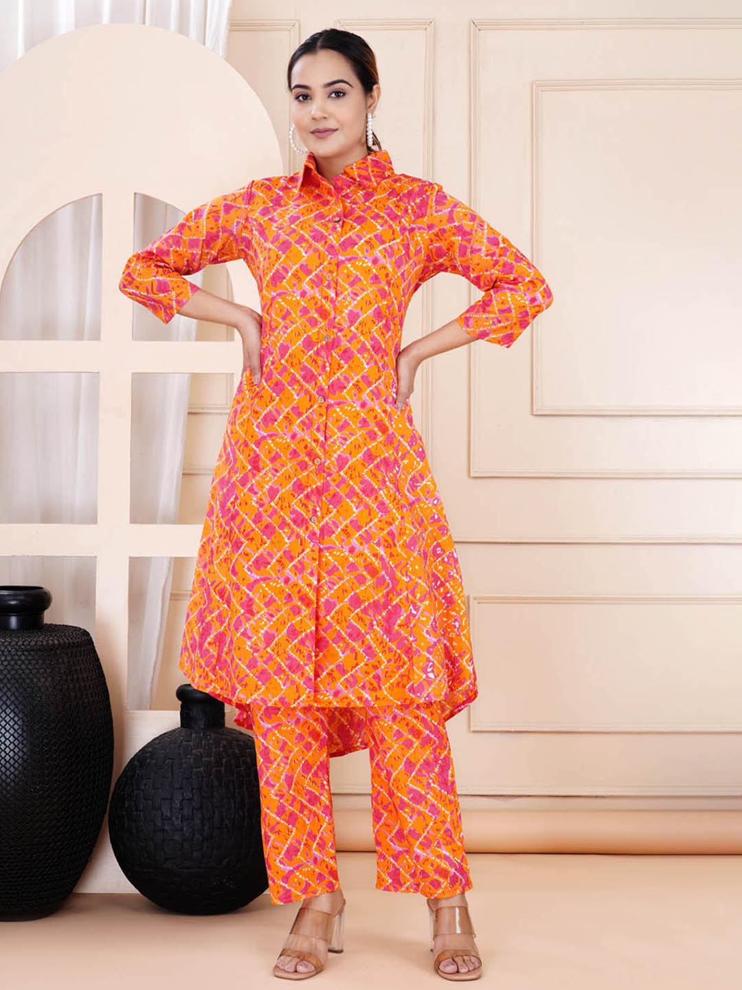 

TRUVON FASHIONS Printed Shirt-Collar Tunic With Trouser, Orange