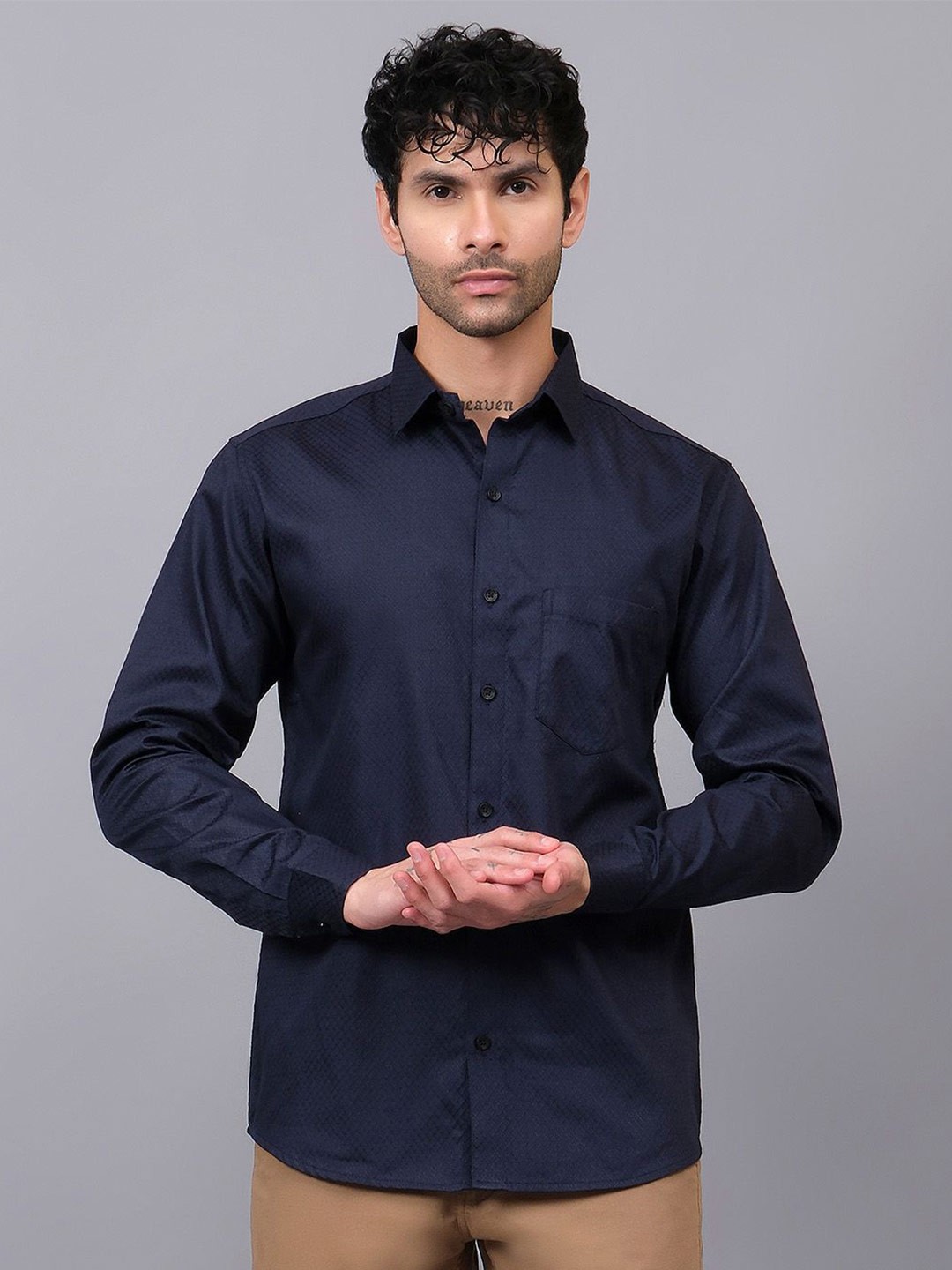 

Vida Loca Men Slim Fit Spread Collar Textured Cotton Casual Shirt, Navy blue