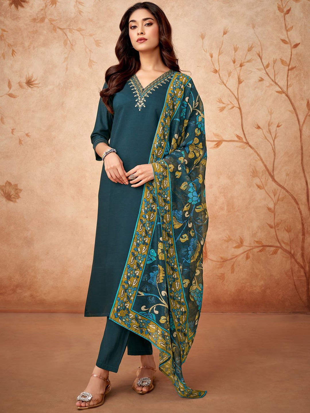 

TOOCHKI Embroidered V-Neck Thread Work Chanderi Silk Straight Kurta Pant Dupatta, Teal