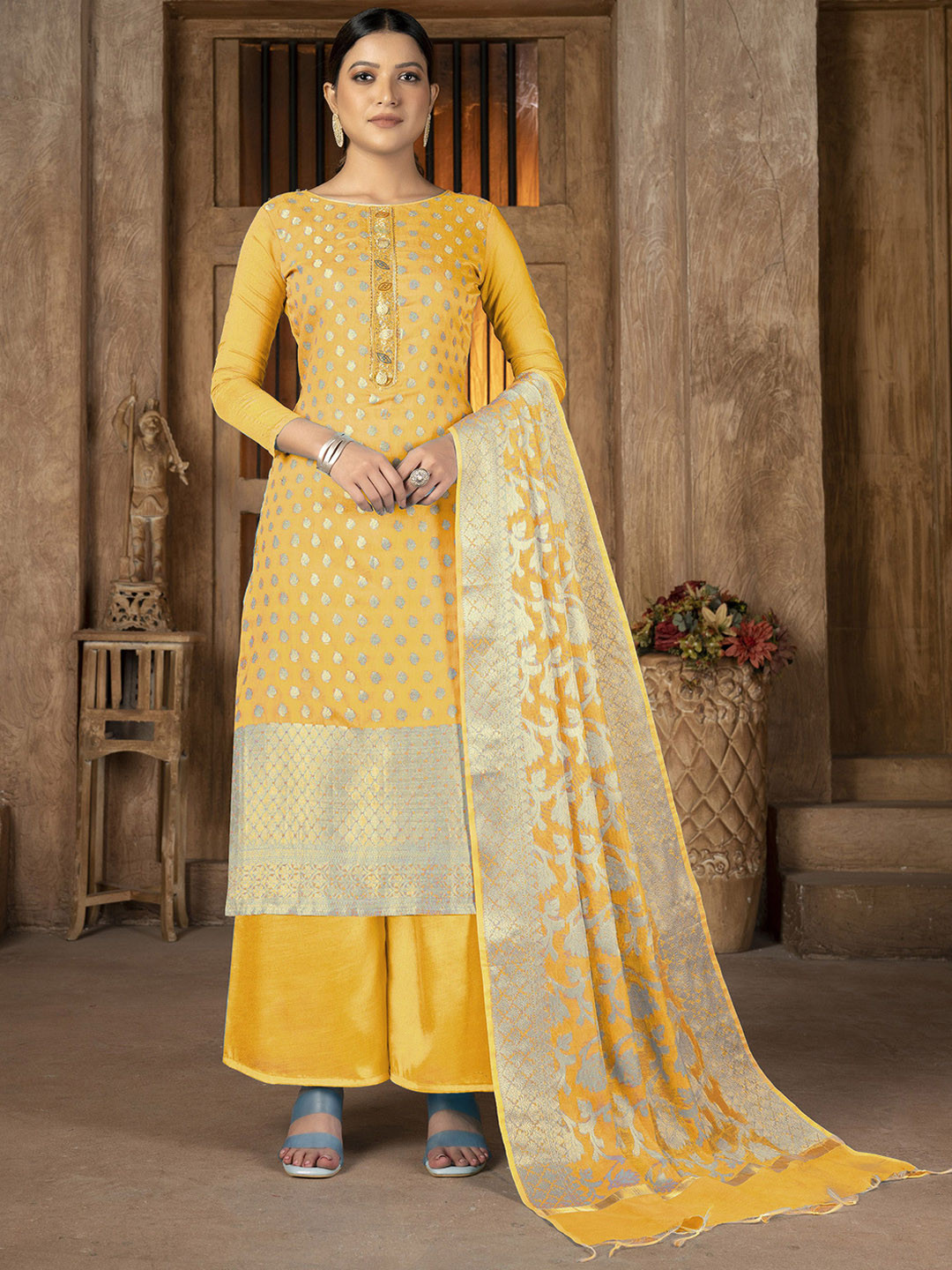 

SHADOW & SAINING Floral Woven Design Semi-Stitched Dress Material, Yellow
