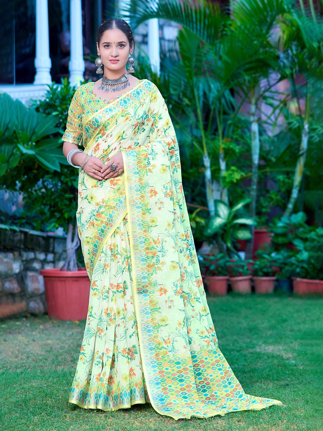 

Kalista Floral Printed Pure Cotton Saree, Lime green
