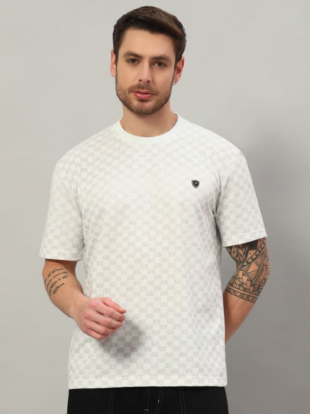 

PROFY Men Geometric Printed Round Neck Cotton T-shirt, White