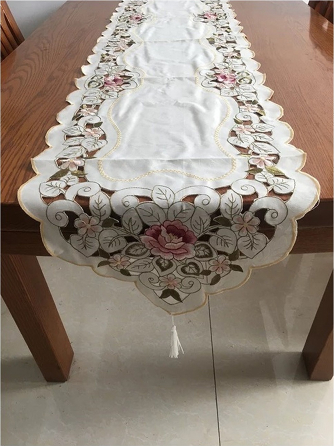 

MONKDECOR White & Pink Floral Embroidered With Cut-Work Table Runner