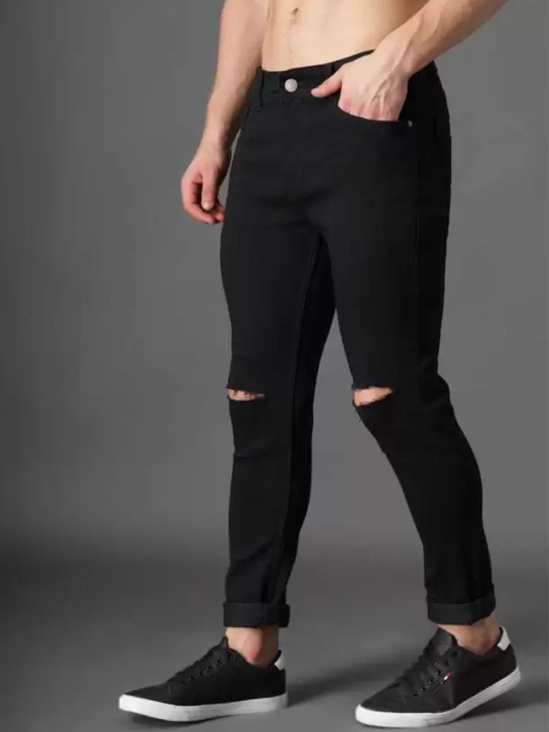 

COMFITS Men Classic Slash Knee Stretchable Mid-Rise Jeans, Black