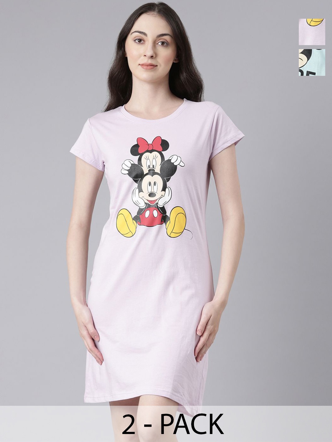 

Nap Chief Pack Of 2 Women Mickey and Minnie Mouse Above Knee T-shirt Dress, Turquoise blue