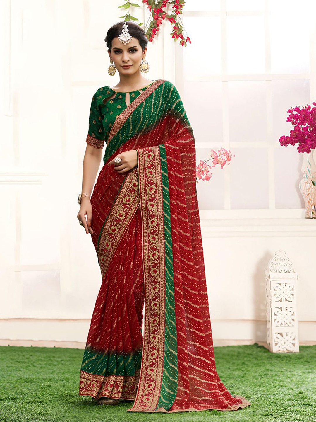 

Rekha Maniyar Printed Zari Ready to Wear Bandhani Saree, Green