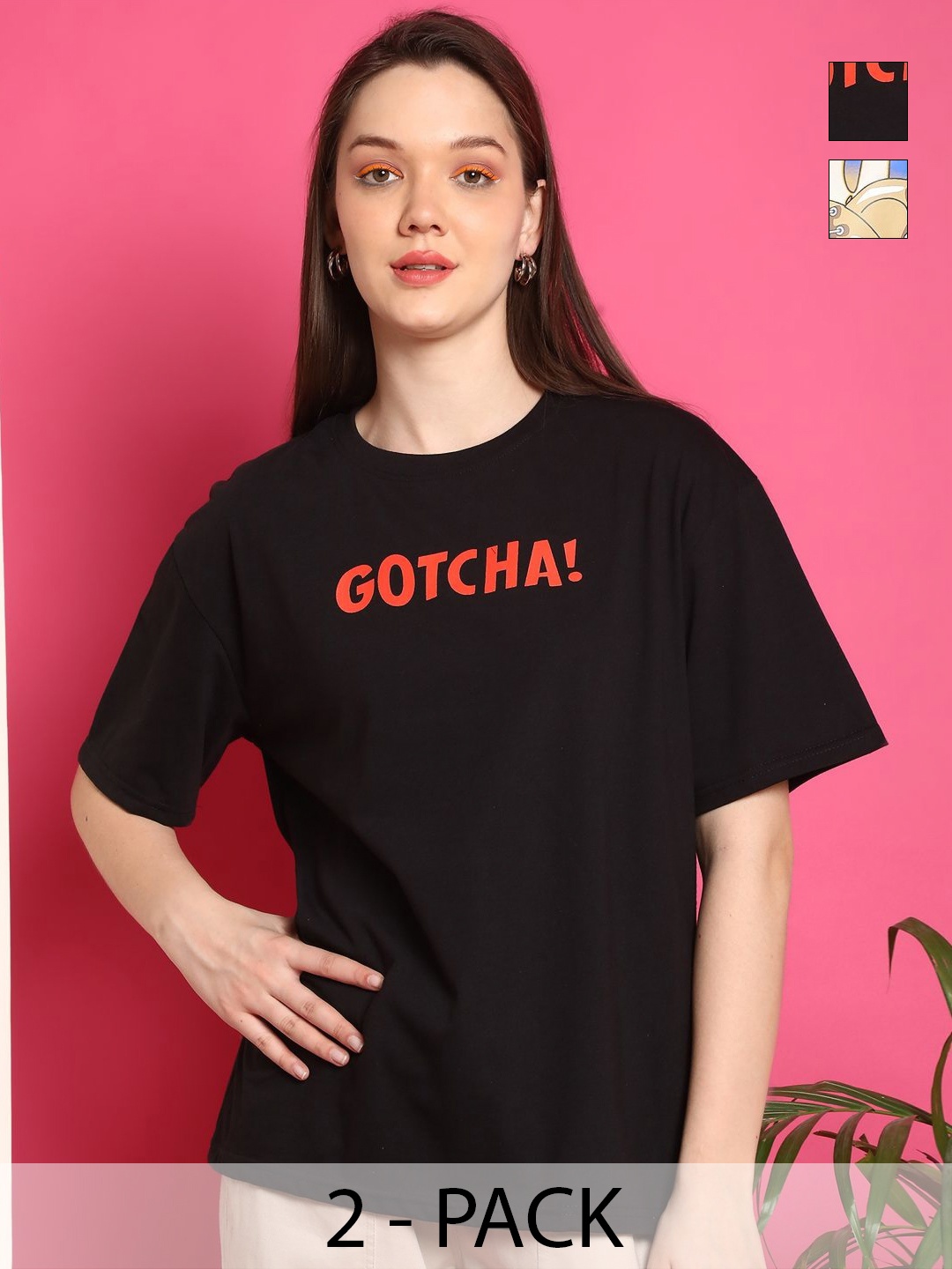 

Tromko Women Pack of 2 Graphic Printed Round Neck Cotton Oversized T-shirts, Black
