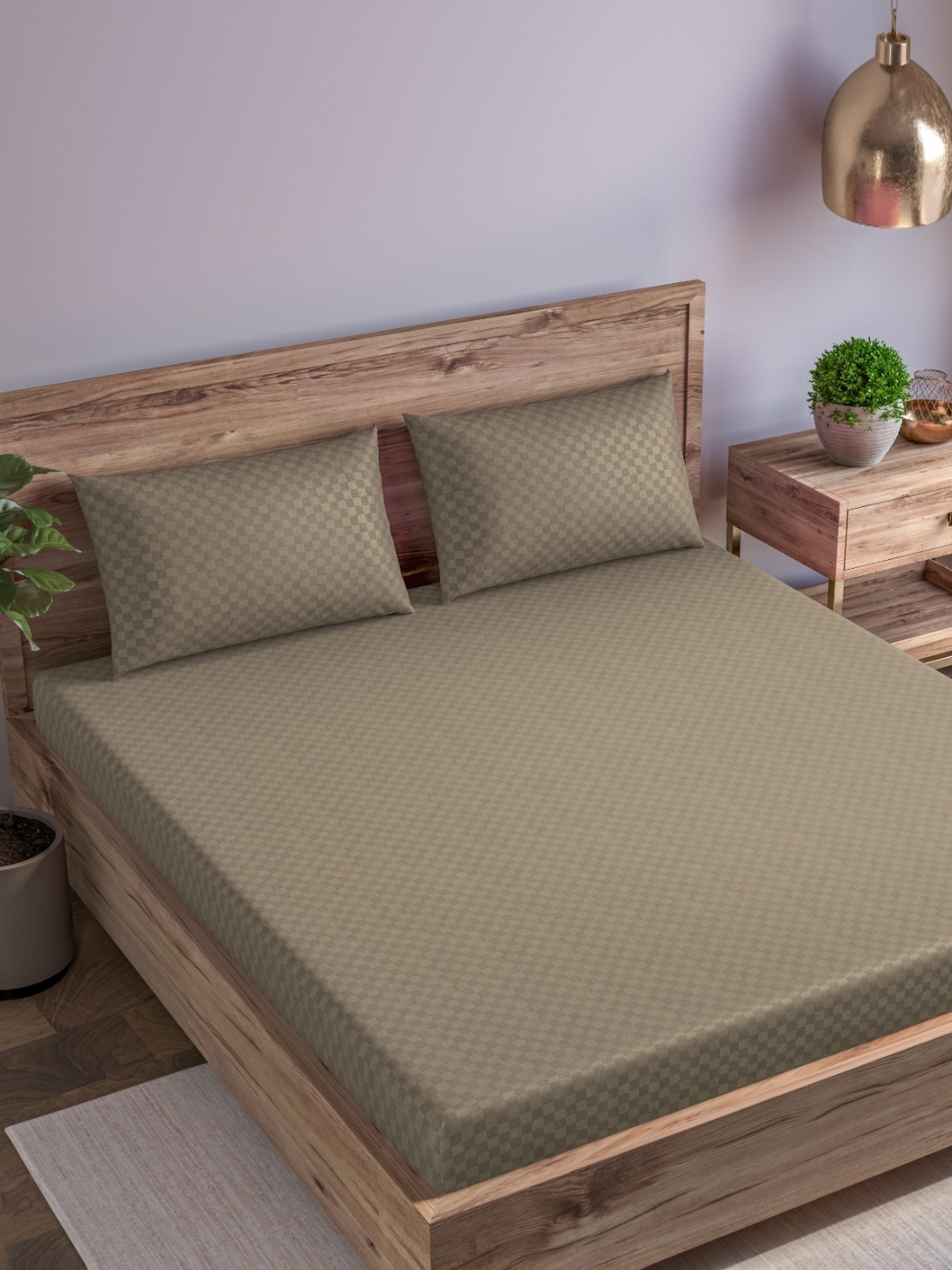 

Trance Home Linen Taupe Printed Cotton 300 TC Fitted Queen Bedsheet Set- 1.90 m x 1.52 m