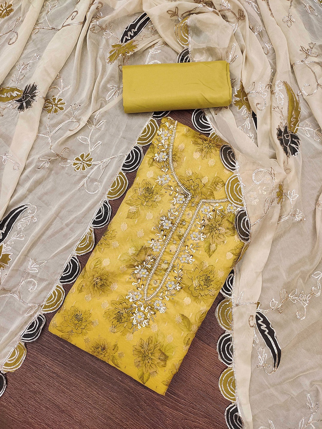 

SHADOW & SAINING Floral Embellished Sequinned Semi-Stitched Dress Material, Mustard