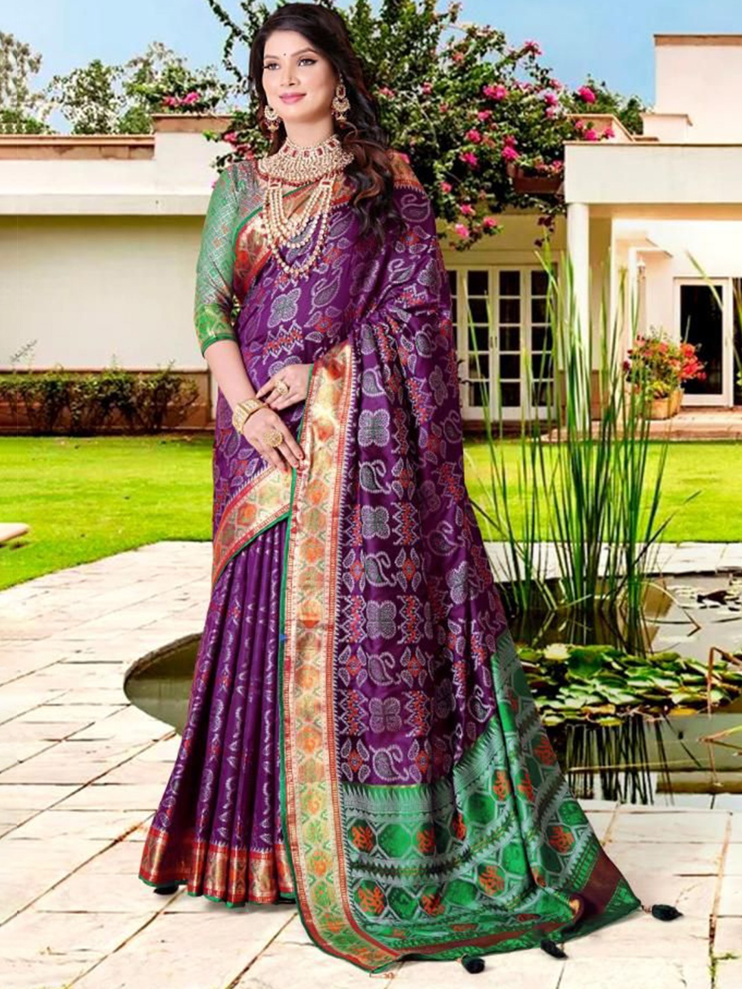 

jayant creation Bandhani Zari Pure Silk Patola Saree, Blue