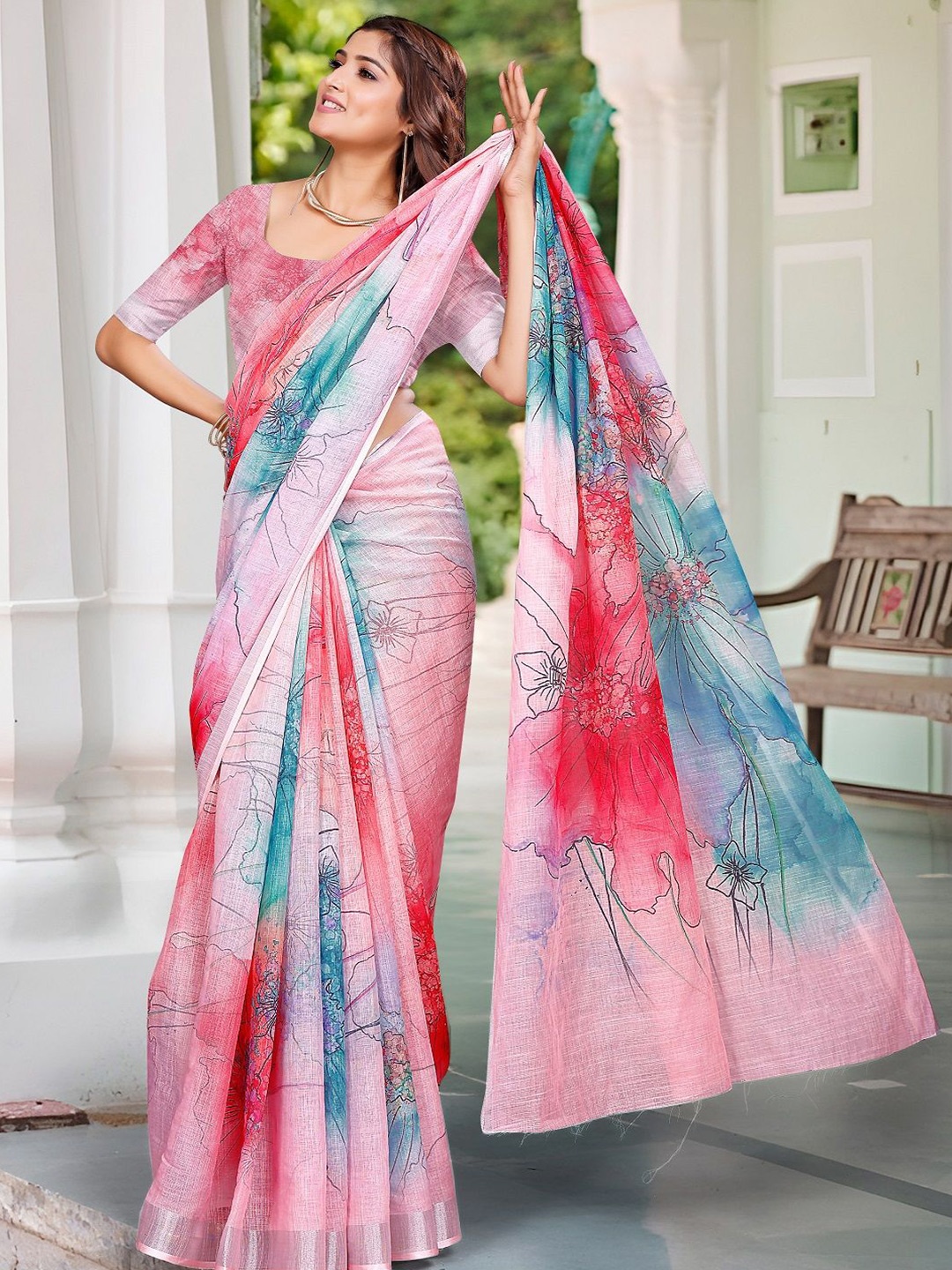 

ORUS Floral Printed Zari Pure Cotton Saree, Pink