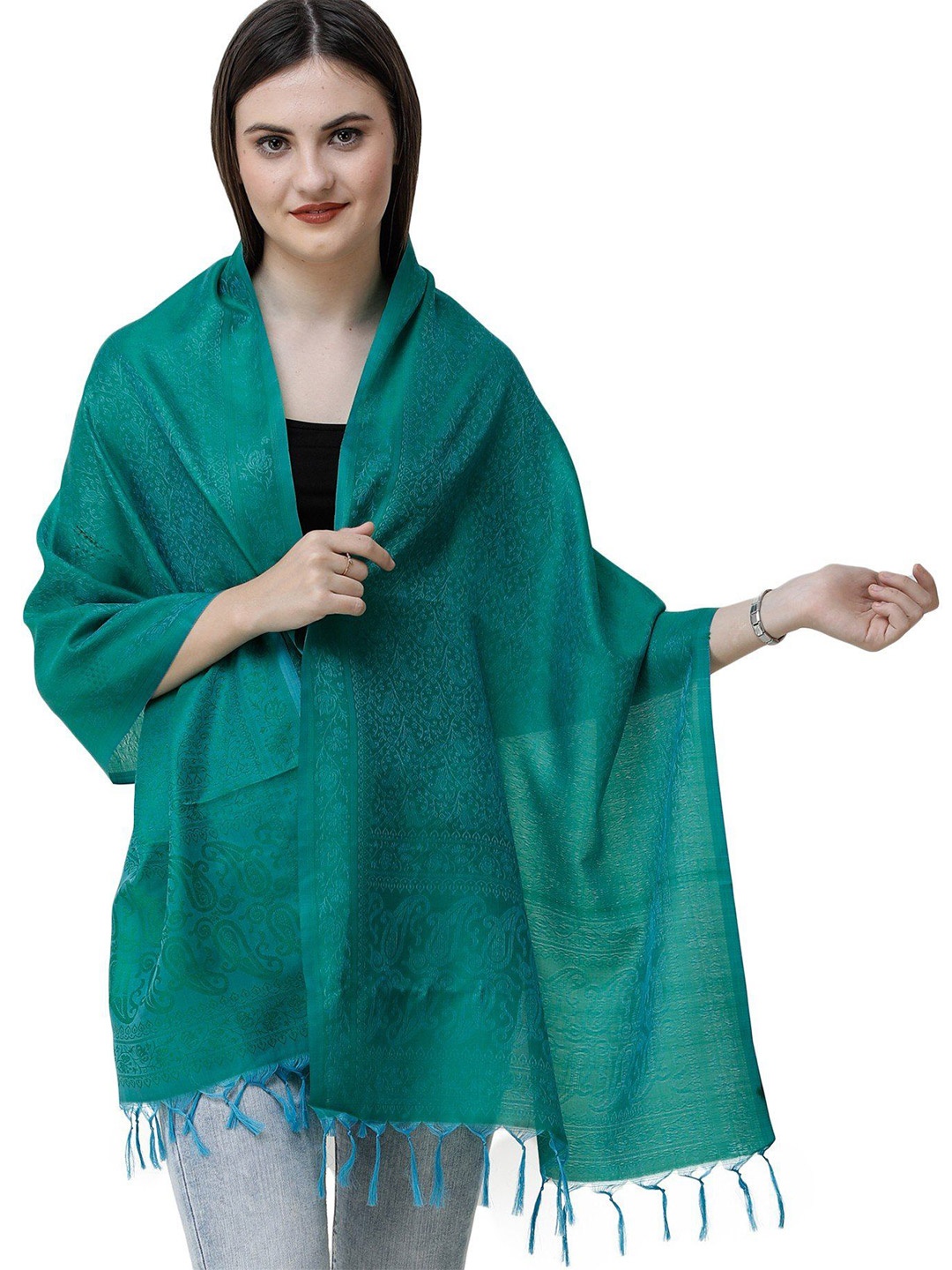 

Exotic India Women Banarasi Scarf with Tanchoi weave, Sea green