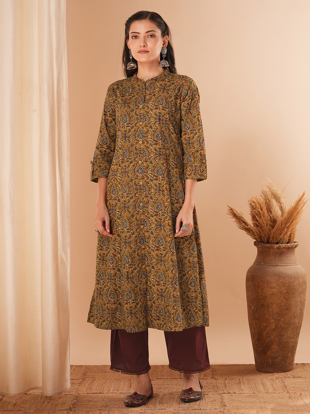 

FASHOR Ethnic Motifs Printed Mandarin Collar Cotton A-Line Kurta, Mustard