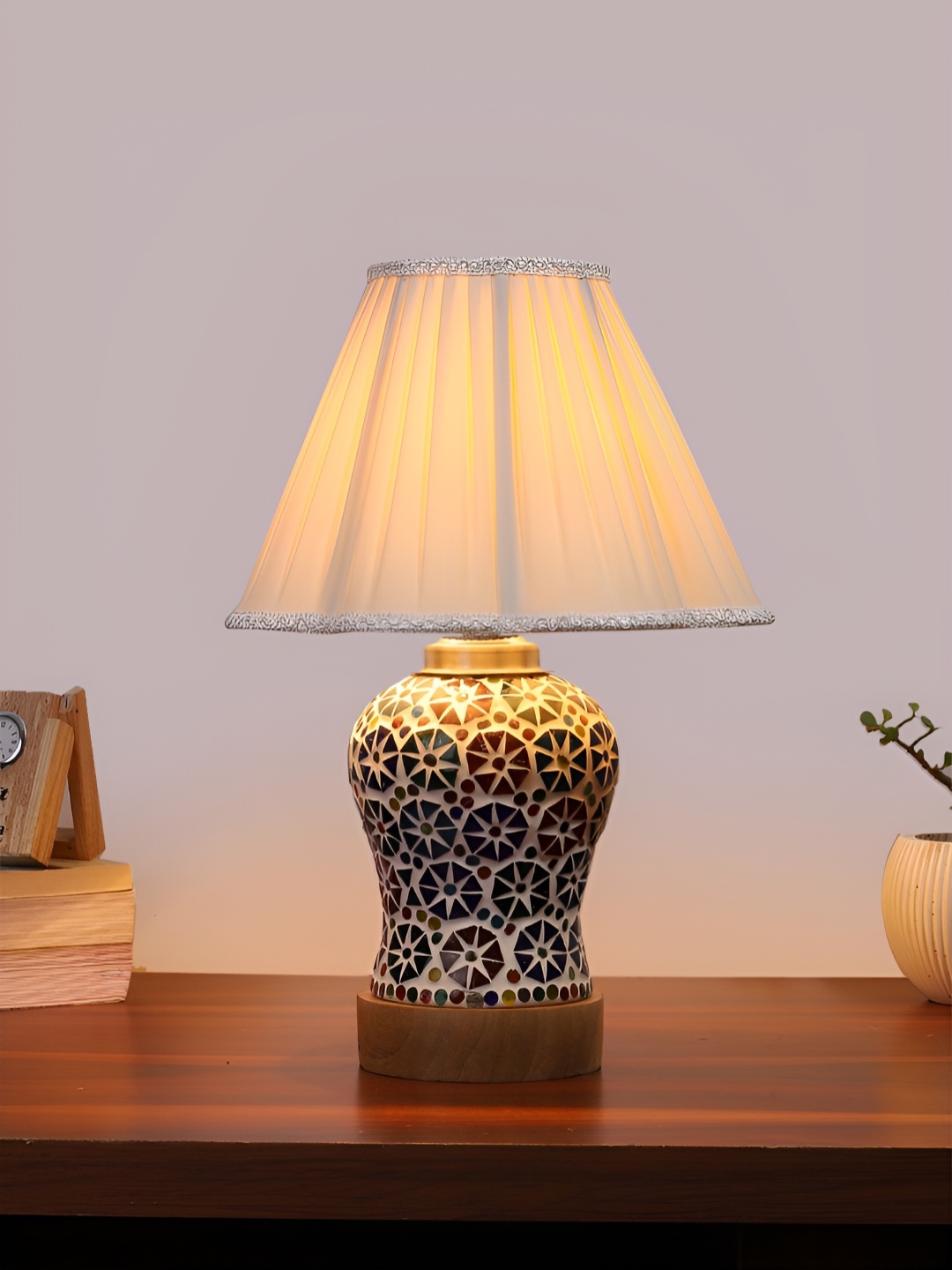 

Devansh Off White Printed Wooden Frustum Shaped Table Lamp With Mosaic Glass Base
