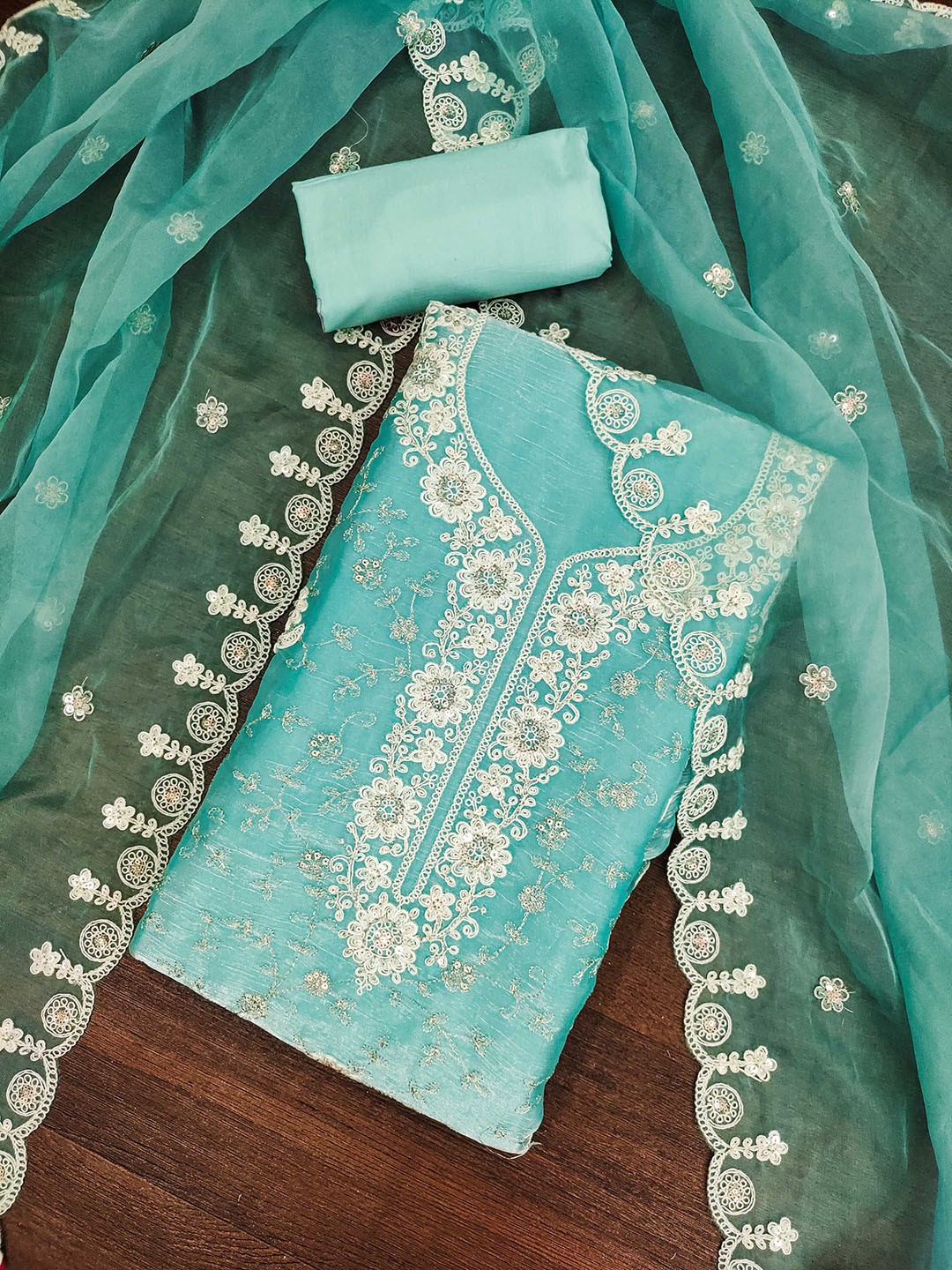 

SHADOW & SAINING Floral Embroidered Sequinned Unstitched Dress Material, Blue