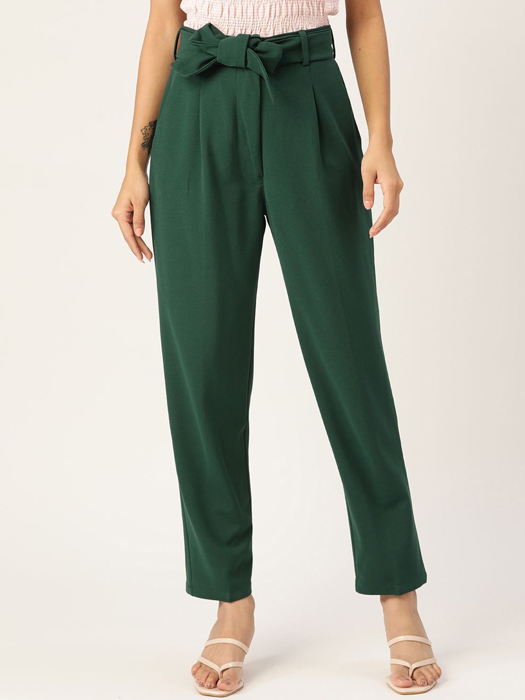 

Zastraa Women Smart Tapered Fit High-Rise Cigarette Trouser, Green