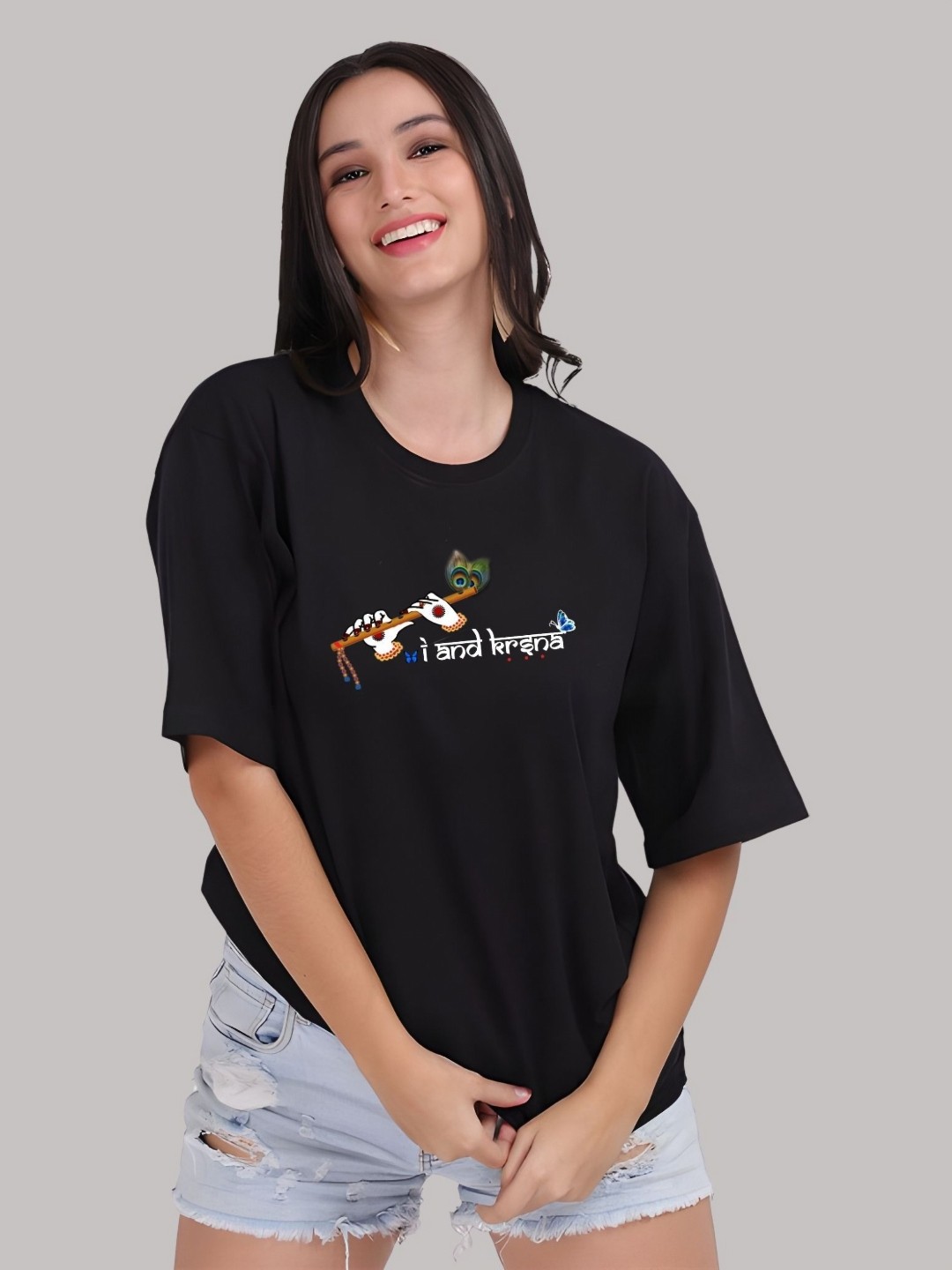 

SZN Women Graphic Printed Round Neck Cotton Oversized T-shirt, Black