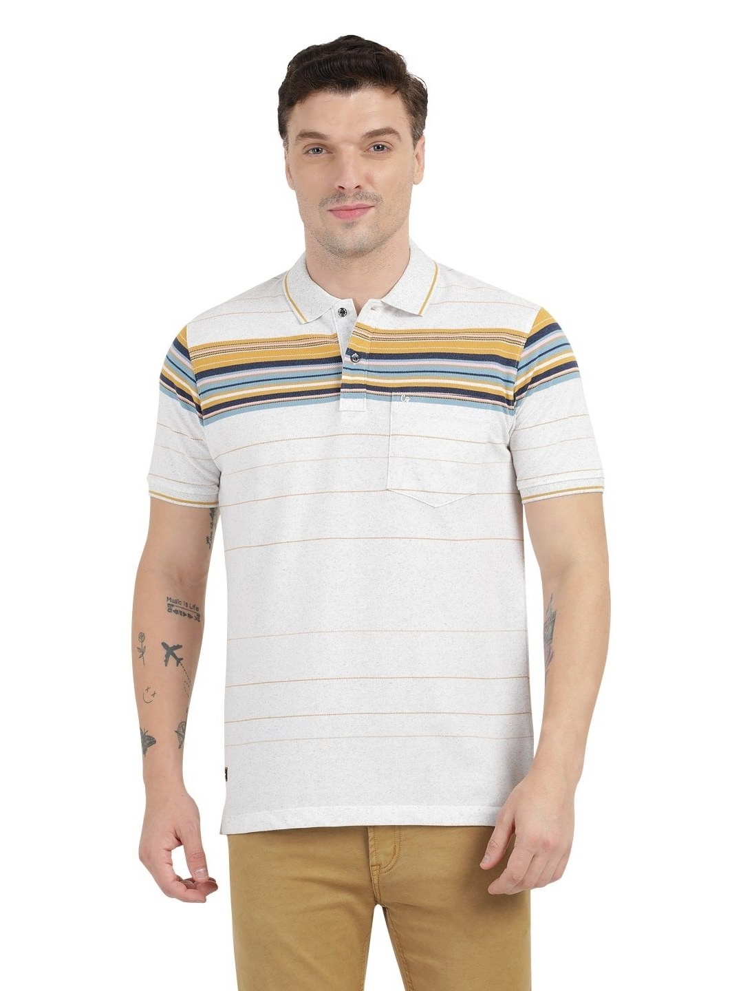

Clarke Gable Men Slim Fit Striped Polo Collar Moisture Wicking Cotton T-shirt, White