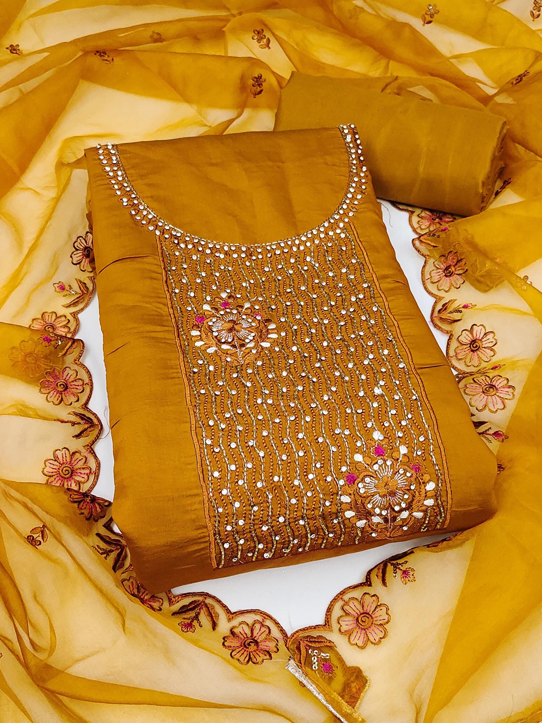 

SHADOW & SAINING Floral Embroidered Sequinned Pure Silk Semi-Stitched Dress Material, Mustard