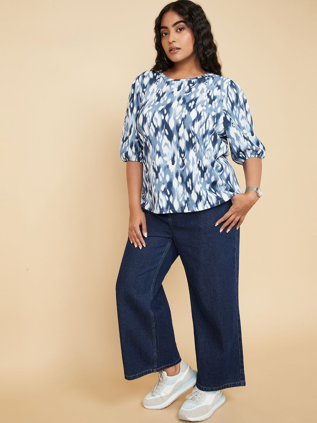 

max Abstract Print Puff Sleeves Top, Blue