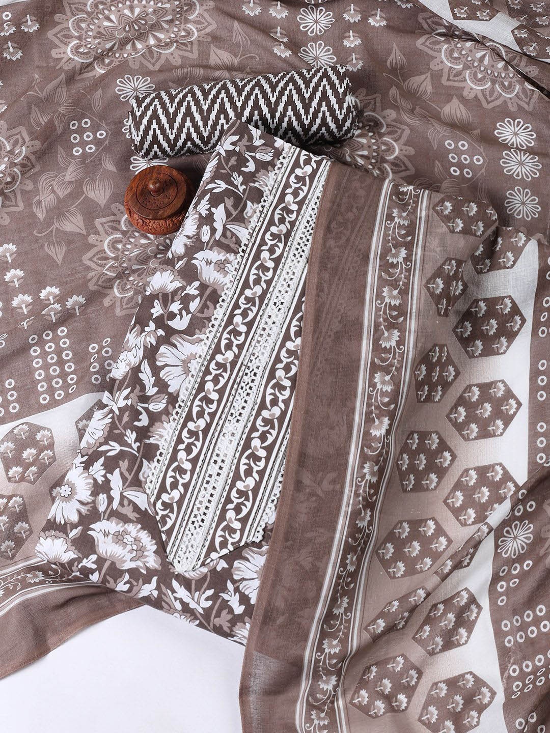 

Meena Bazaar Floral Printed Unstitched Dress Material, Brown