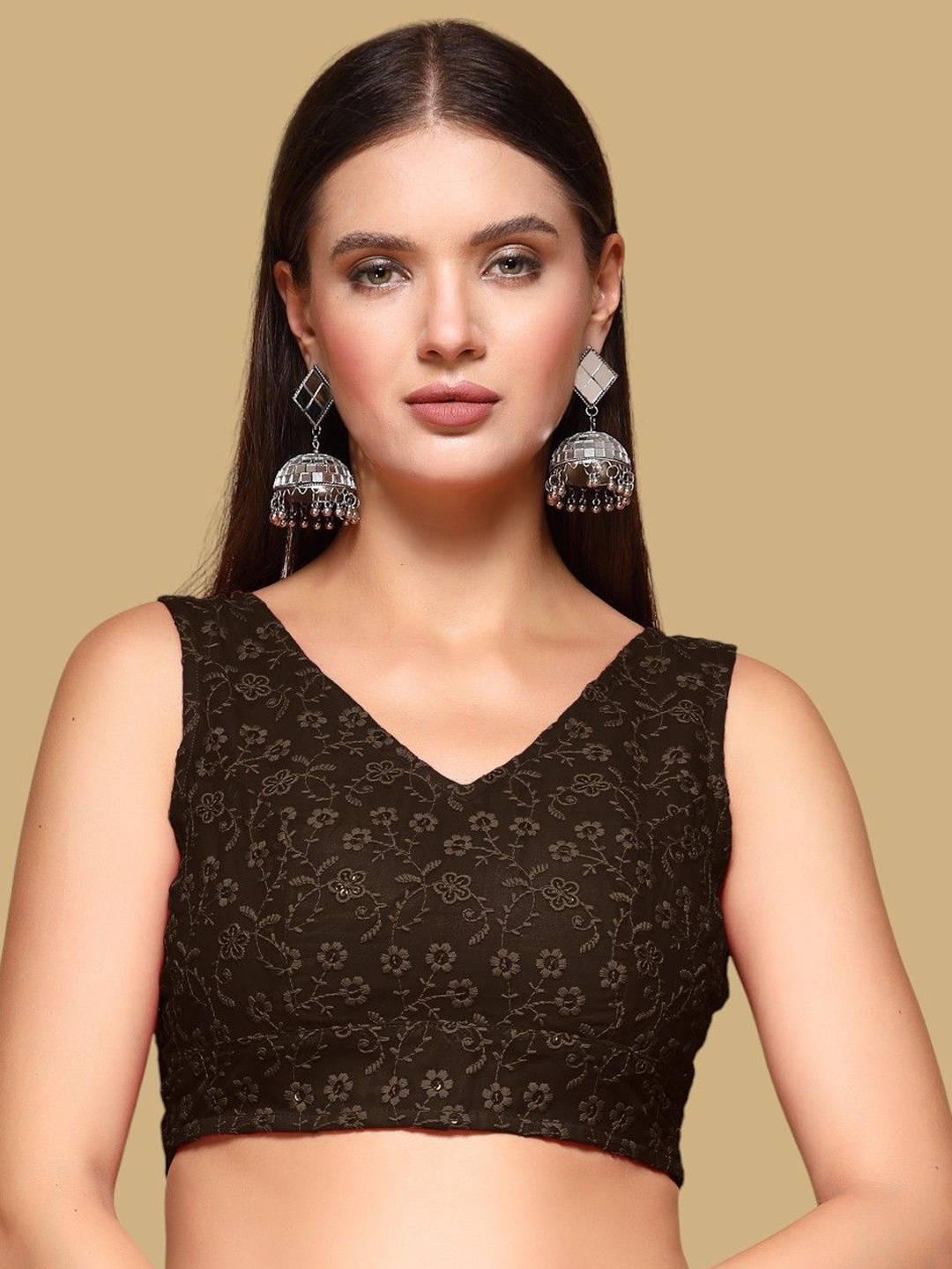 

Oomph! Floral Embroidered V Neck Saree Blouse, Green