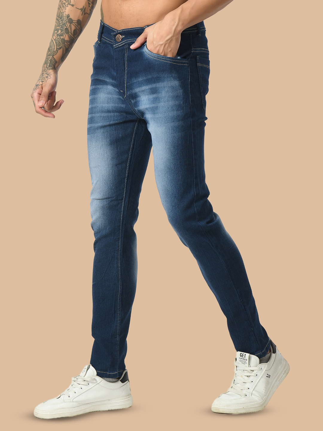 

COMFITS Men Classic Regular Fit Mid Rise Clean Look Stretchable Jeans, Blue