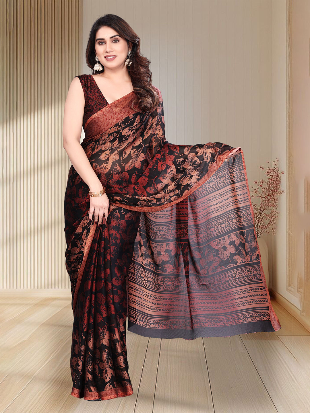 

MAGNEITTA Floral Pure Chiffon Saree, Maroon