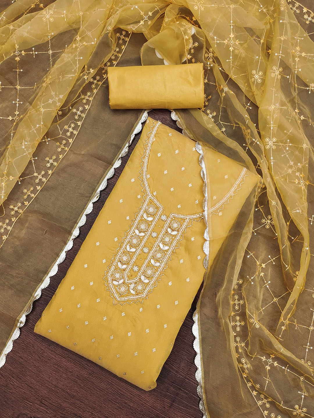 

SHADOW & SAINING Embroidered Beads & Stones Organza Jacquard Unstitched Dress Material, Yellow