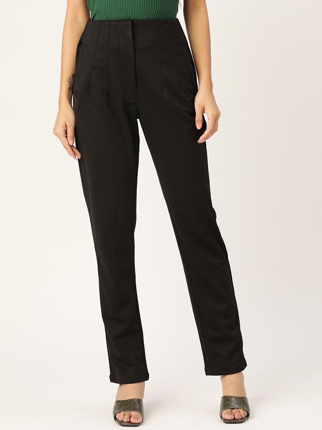 

Zastraa Women Smart Slim Fit High-Rise Pleated Trousers, Black