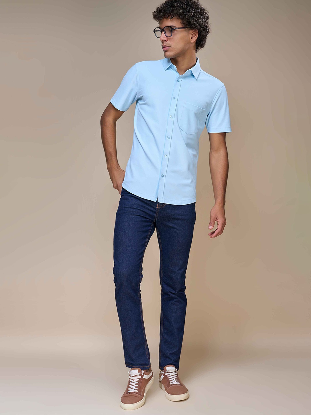 

MAXZONE Men Spread Collar Solid Casual Shirt, Blue