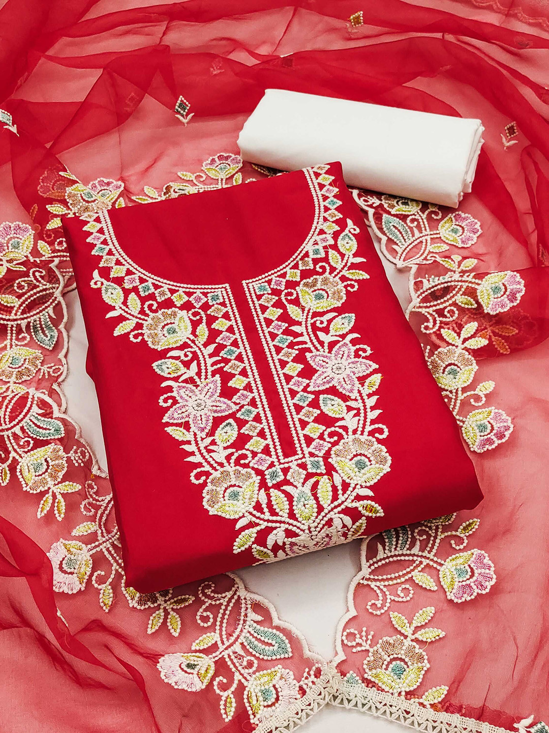 

SHADOW & SAINING Floral Embroidered Banarasi Semi-Stitched Dress Material, Red